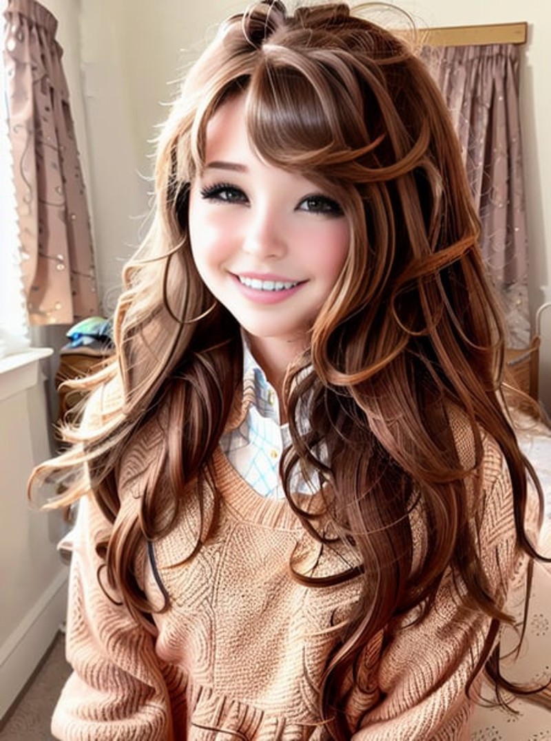 <lora:Bdelphine760x1024v2:1>A woman with brown hair posing with a smile